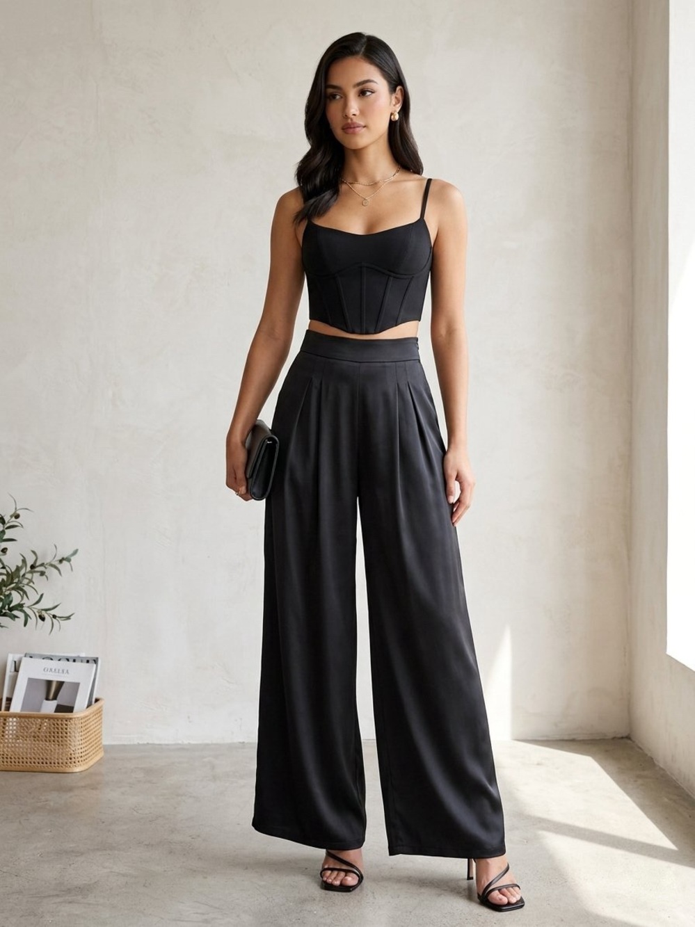 NWT White Fox Boutique Black Satin Pleated Wide Leg Palazzo Pants sz S